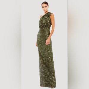 Mac Duggal Green Ruched Sequin One Shoulder Gown for Wedding Guest